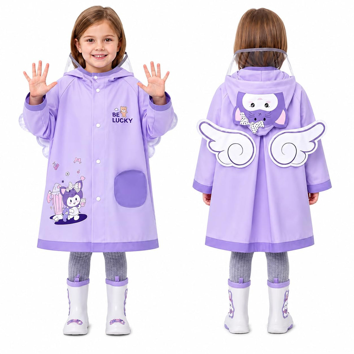 PANCA Cartoon Bunny Soft Luxurious Waterproof Hooded EVA Raincoat Rain Jacket with Backpack Space, Wide Brim Transparent Hood & Complimentary Storage Pouch for Boys & Girls, Purple