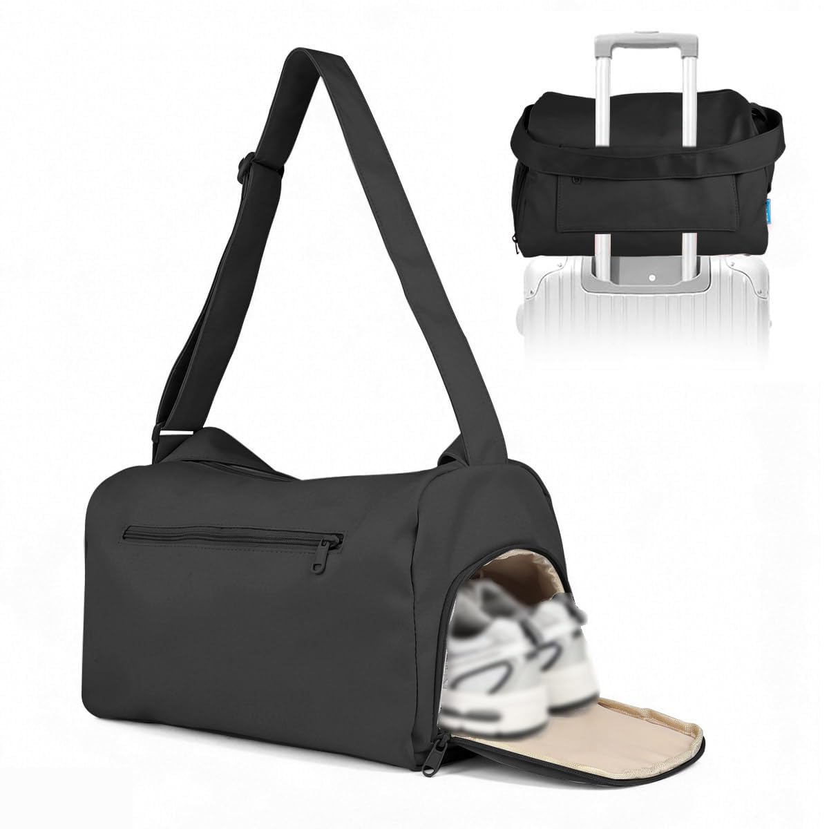 PANCA Gym Bag with Shoe Compartment Workout Sport Duffle Bag for Women &amp; Men, Waterproof Travel Shoulder Overnight Bag, Lightweight Carry Tote for Gym, Swim, Yoga, College, Office, Weekender (Black)