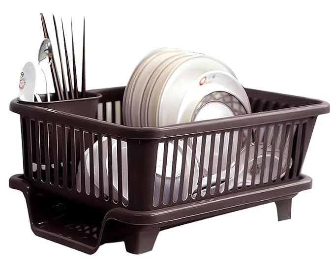 PANCA Plastic Dish Drying Rack for Home | Countertop Utensil Organizer with Drying Tray &amp; Spoon Holder | Space Saving Storage Stand for Plates, Bowls, Cups &amp; Cutlery | Green &amp; Brown (45 × 32 × 18 cm)