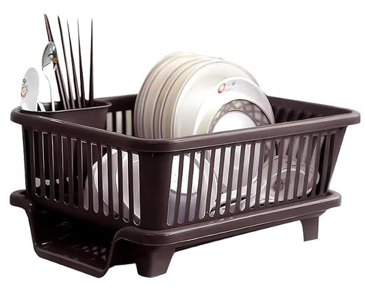 PANCA Plastic Dish Drying Rack for Home | Countertop Utensil Organizer with Drying Tray &amp; Spoon Holder | Space Saving Storage Stand for Plates, Bowls, Cups &amp; Cutlery | Green &amp; Brown (45 × 32 × 18 cm)