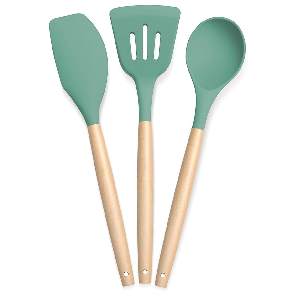 PANCA Silicone Non Stick Spatula Set of 3 with Wooden Handle | Heat Resistant Cooking &amp; Serving Spoon Set | Silicone Kitchen Tools for Cooking, Baking, Mixing (Green)