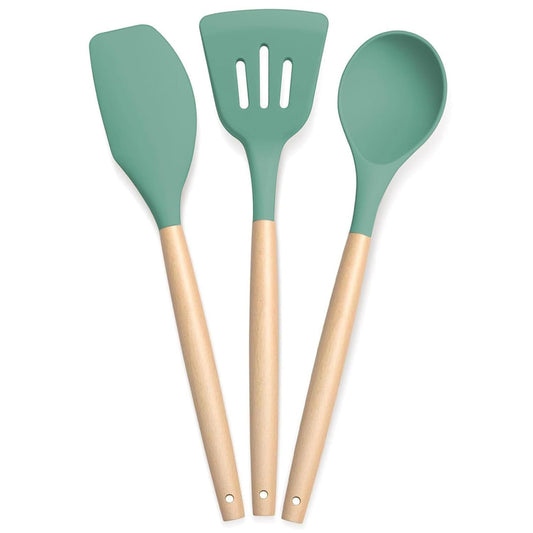 PANCA Silicone Non Stick Spatula Set of 3 with Wooden Handle | Heat Resistant Cooking &amp; Serving Spoon Set | Silicone Kitchen Tools for Cooking, Baking, Mixing (Green)