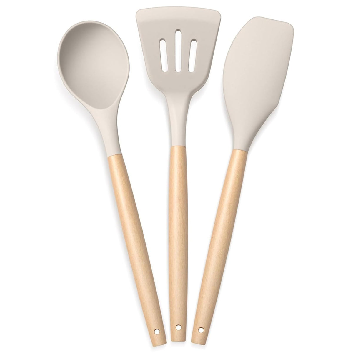 PANCA Silicone Non Stick Spatula Set of 3 with Wooden Handle | Heat Resistant Cooking &amp; Serving Spoon Set | Silicone Kitchen Tools for Cooking, Baking, Mixing (White)