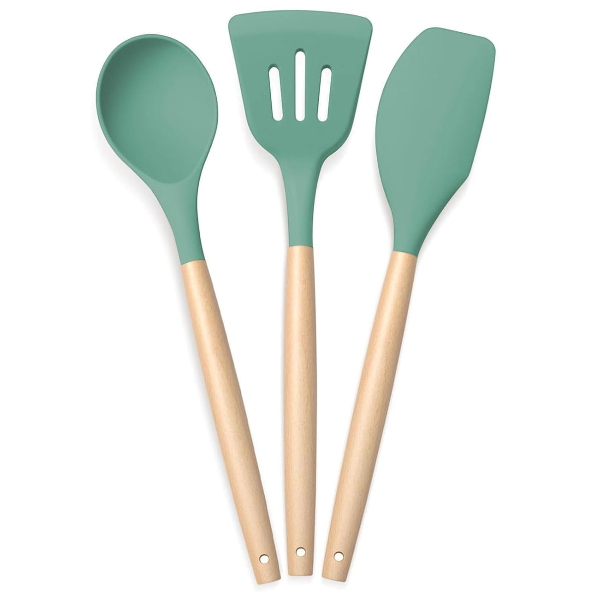 PANCA Silicone Spatula Set of 3 with Wooden Handle | Heat Resistant Non-Stick Cooking &amp; Serving Utensil Set for Home | Food Grade Silicone Spatulas for Baking, Mixing &amp; Cooking (Green)