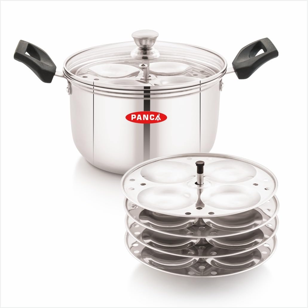 PANCA Stainless Steel Idli Cooker with Glass Lid | 4 Plate Idli Maker Steamer for Soft &amp; Fluffy Idlis | Heavy Duty Steel Idly Pot | Induction &amp; Gas Compatible Multi-Kadai