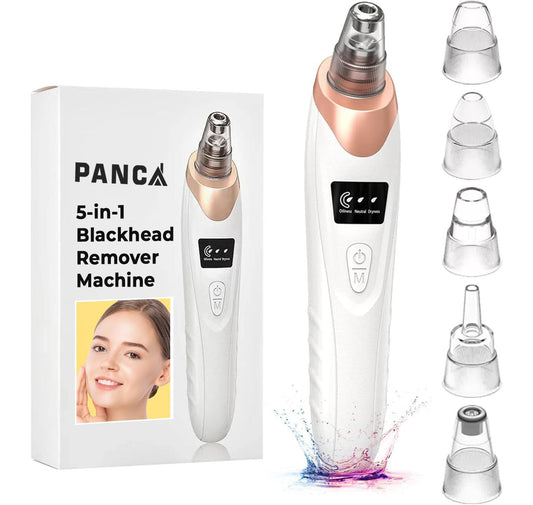PANCA 5-in-1 Blackhead Remover Machine | Electric Pore Cleaner &amp; Whitehead Removal Tool | USB Rechargeable Skin Care Device for Face Cleansing &amp; Exfoliation (Black)
