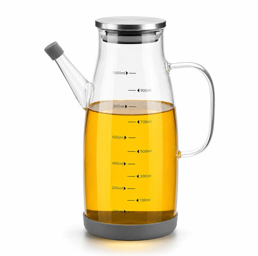 PANCA 1000ml Glass Oil Dispenser Bottle with Leakproof Lid | High Borosilicate Glass Oil Container with Capacity Markings | No-Drip Pouring Spout for Cooking Oil, Vinegar, Soy Sauce