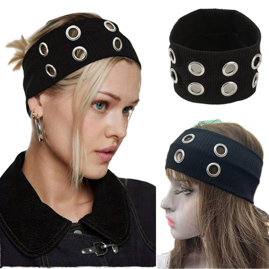 PANCA Hairband for Women Black Hollow Out Eyelets Elastic Headband Y2K Punk Grunge Fashion Wide Stretch Hair Band Grommet Eyelet Design Ribbed Fabric Casual Hair Accessories for Girls, Women, Party, Daily Wear