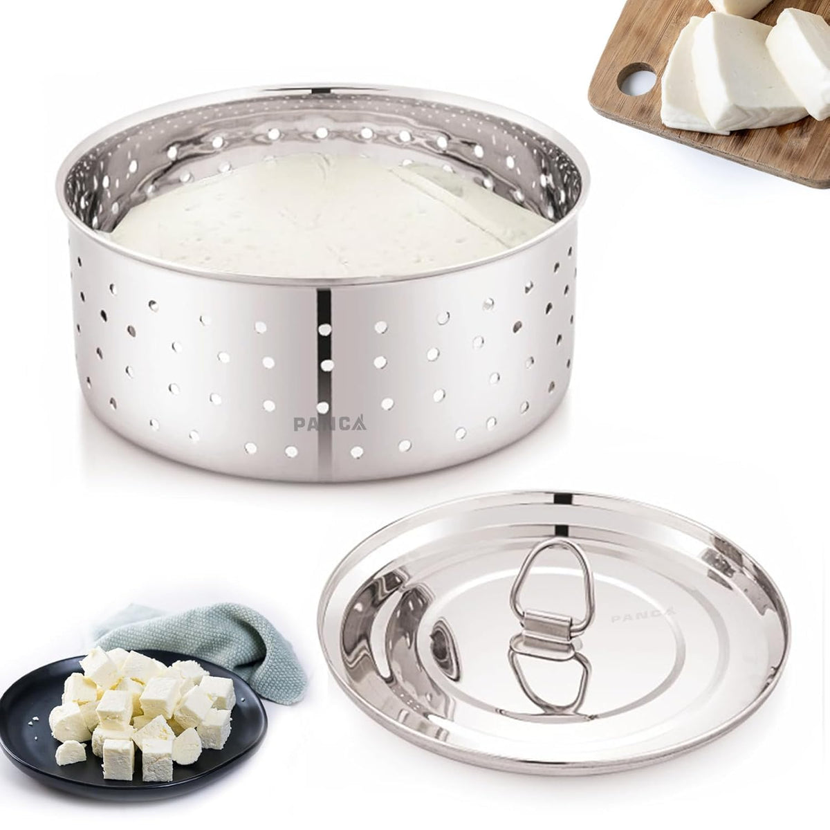 PANCA Stainless Steel Paneer Maker Mould Medium Size, Paneer Press With Lid, Tofu Press Mould Maker, Whey Seperator (Round, 500Ml Capacity),Silver