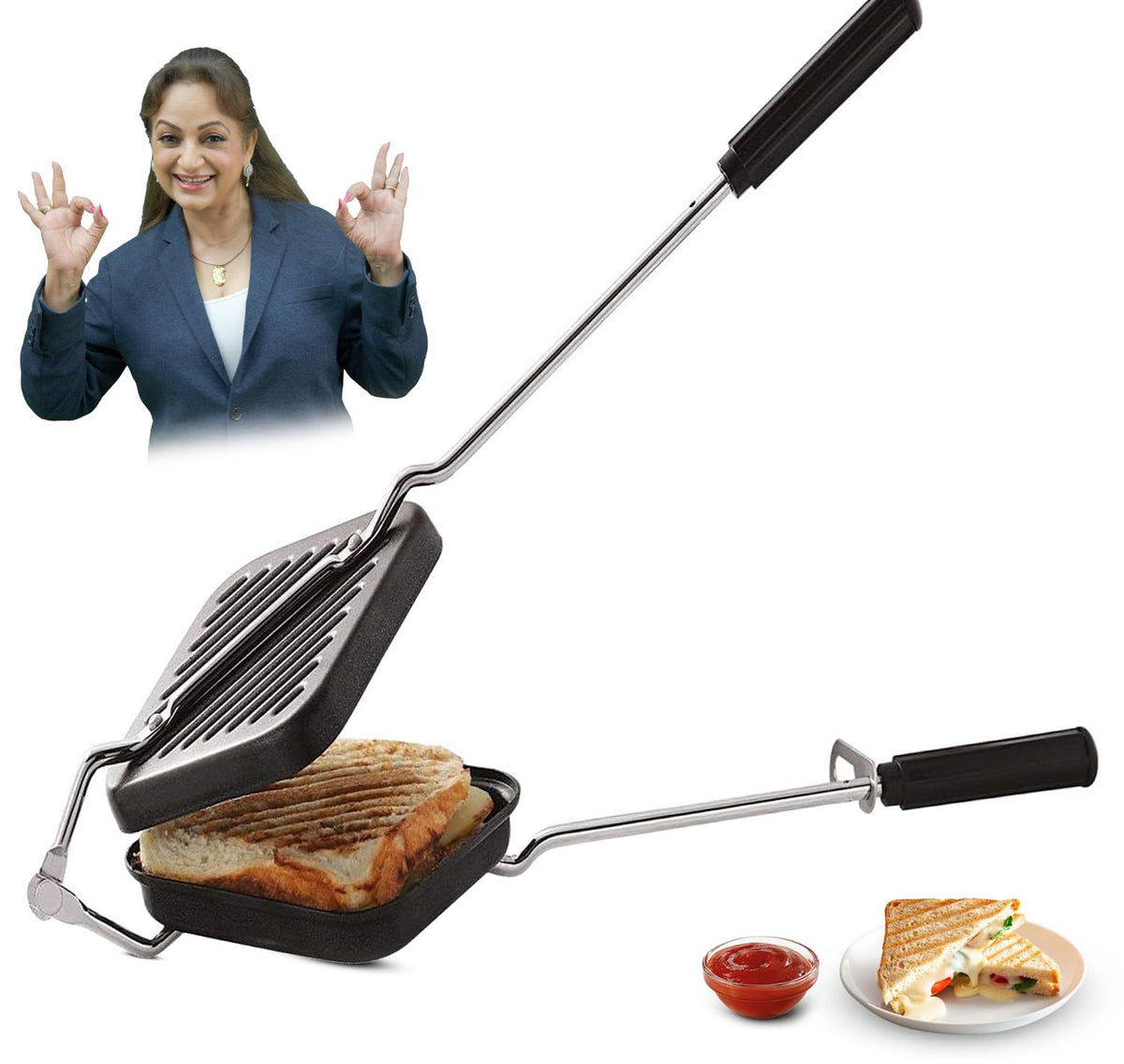 PANCA Gas Toaster Grill Sandwich Maker | Cast Aluminium Non-Stick Coated Sandwich Griller with Long Handle | Portable Gas Sandwich Maker (Grill Toaster New)