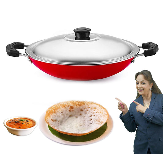 PANCA Non-Stick Deep Appachetty with Lid, 20 cm Black | Scratch-Resistant Appam Kadai for Paniyaram, Uttapam &amp; Frying | Induction &amp; Gas Compatible (Red)