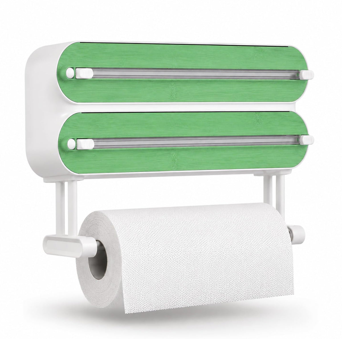PANCA 3 in 1 Foil Paper Cutter &amp; Holder with Paper Towel Stand | Wall Mounted Cling Film, Aluminium Foil &amp; Butter Paper Dispenser with Sliding Cutter, Kitchen Organizer Rack (Green)