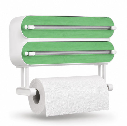 PANCA 3 in 1 Foil Paper Cutter &amp; Holder with Paper Towel Stand | Wall Mounted Cling Film, Aluminium Foil &amp; Butter Paper Dispenser with Sliding Cutter, Kitchen Organizer Rack (Green)
