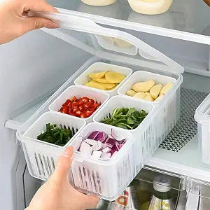 PANCA Fridge Storage Box With Lid, 6 Grid Box- 1000ml Freezer Storage Container for Kitchen, Vegetable, Spices, Fruits