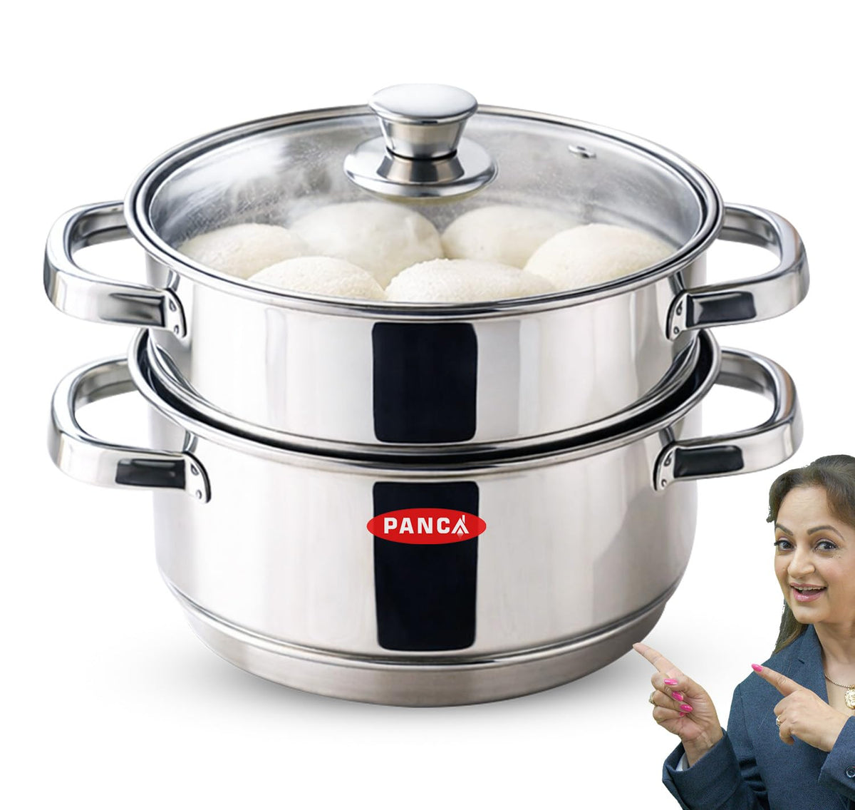 PANCA Idli Maker Steamer Stainless Steel | 2 Tier Idly Cooker with Glass Lid | 18 cm Small Steamer for Momo, Dhokla, Idiyappam &amp; Vegetables | Induction Base (Steamer 2 Tier)