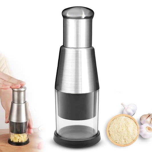 PANCA Garlic Crusher &amp; Manual Garlic Chopper | Stainless Steel Garlic Press Mincer &amp; Cutter for Garlic, Onion, Chilly &amp; Fruits | Easy Hand Press Food Chopper (Silver)