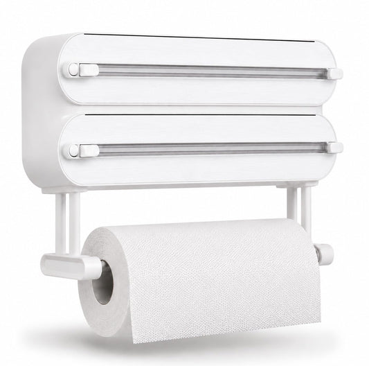 PANCA 3 in 1 Foil Paper Cutter &amp; Holder with Paper Towel Stand | Wall Mounted Cling Film, Aluminium Foil &amp; Butter Paper Dispenser with Sliding Cutter, Kitchen Organizer Rack (White)