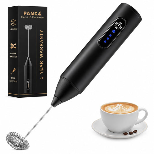 PANCA Rechargeable Milk Frother, 3-Speed Electric Coffee Frother with Dual Spring Whisk | USB Type-C Charging | Stainless Steel Drink Mixer for Latte, Cappuccino, Matcha &amp; Hot Chocolate | Black