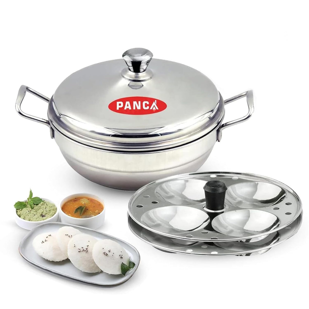 PANCA Stainless Steel Idli Maker with Multi Purpose Kadai | 15 Litre Steamer Cooker with 2 Idli Plates (8 Cavity) &amp; Steel Lid | Kitchen Accessories (Idli Maker Set)