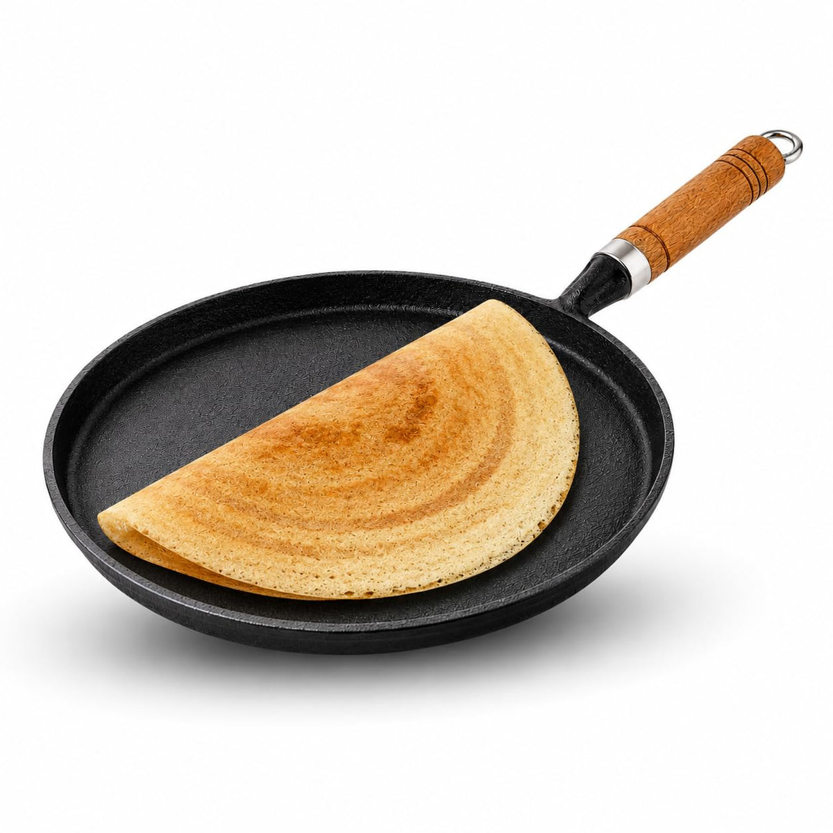 PANCA Cast Iron Tawa 24cm Pre-Seasoned – Non Stick Iron Tawa for Roti, Dosa, Chapati | Induction &amp; Gas Compatible Flat with Wooden Handle | Heavy Duty Cast Iron Cookware (Flat Tawa)