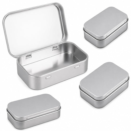 PANCA Aluminium Small Tin Storage Box with Lid (4 Pcs) | Portable Metal Container for Makeup, Jewellery, Spice &amp; Travel Essentials | Mini Rectangular Organizer for Kitchen, Gift Packaging &amp; Drawer