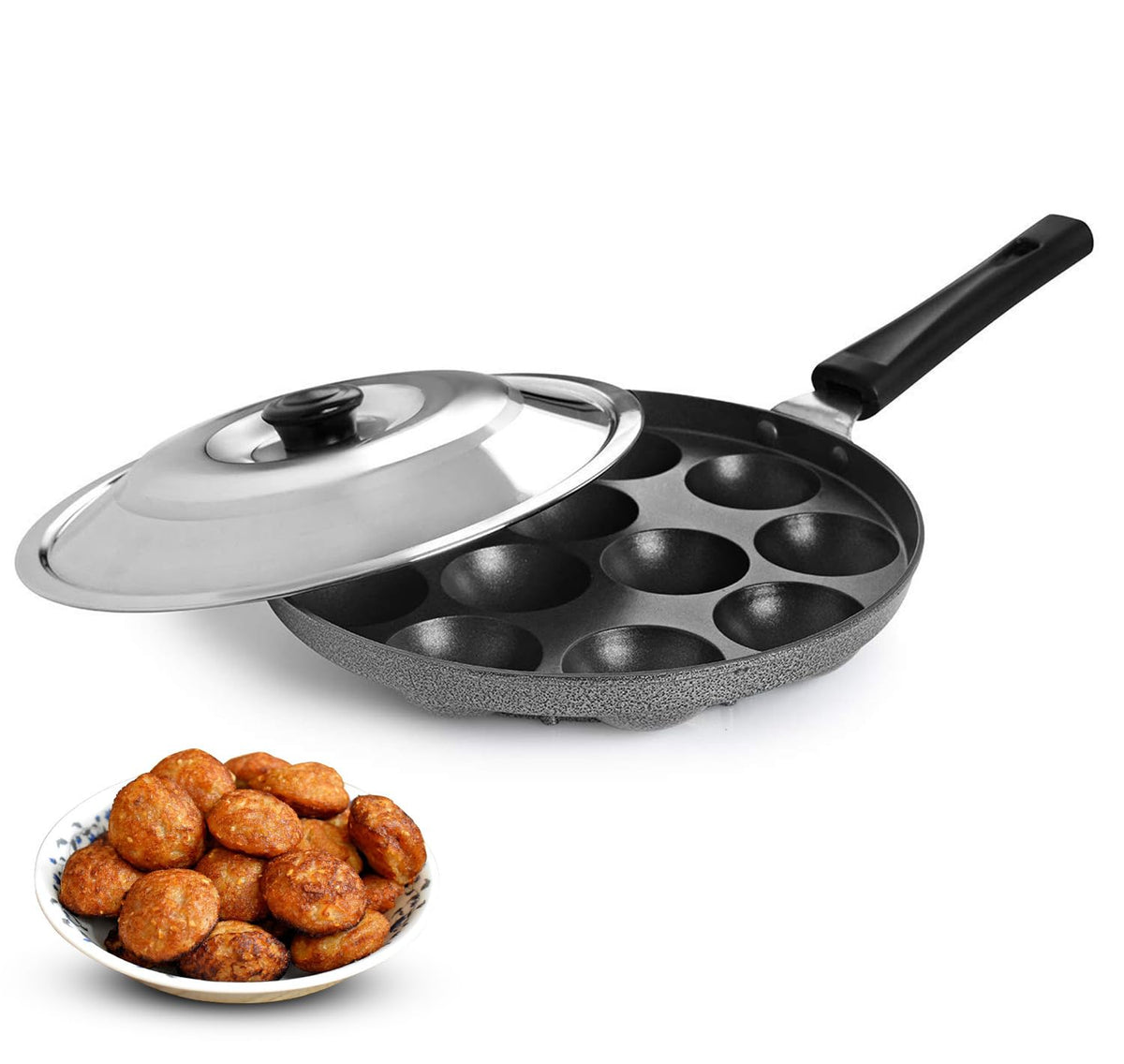 PANCA Non-Stick 12 Cavity Appam Patra with Stainless Steel Lid | Single Handle Paniyaram Pan for Appe, Paddu &amp; Ponganalu | Easy Cooking, Even Heat for Home Kitchens