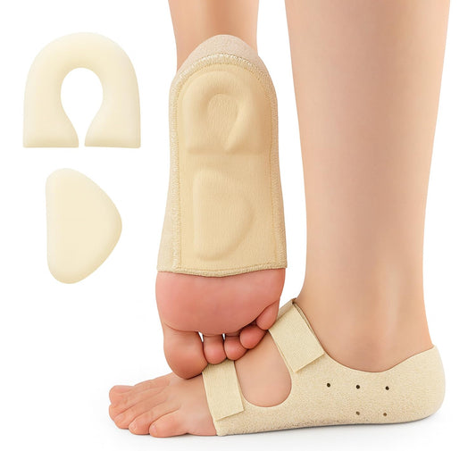 PANCA Silicone Gel Heel Protectors with Adjustable Velcro | Heel Pad for Pain Relief, Plantar Fasciitis &amp; Arch Support | Soft Cushion Insole for Flat Feet, Heel Spurs &amp; Cracked Heels (Beige)