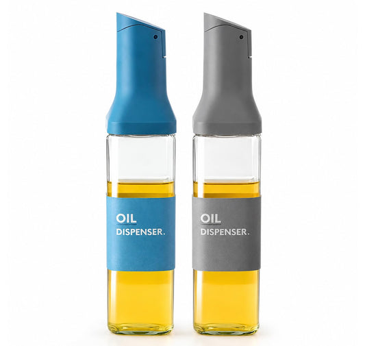 PANCA 500ml Oil Dispenser Bottle Set of 2, Glass Olive Oil Pourer with Auto Flip Cap, Leak Proof Stainless Steel Spout, No Drip Cooking Oil Bottle for Kitchen Vinegar Soy Sauce Dressing (Blue &amp; Grey)