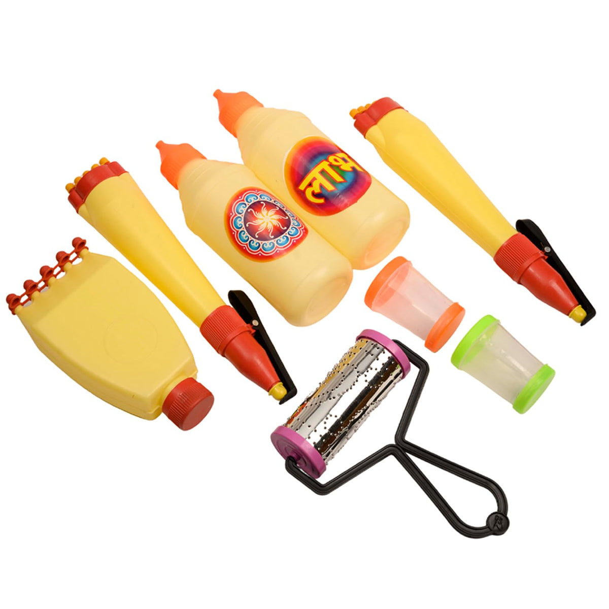 PANCA Rangoli Tool kit for Making Rangoli- 2 outliner Pen,2 Rangoli Bottles, 1 Galicha patta, 2 Rangoli Fillers,1 Roller- Rangoli Making Tool Kit, Set of 8, Multicolor