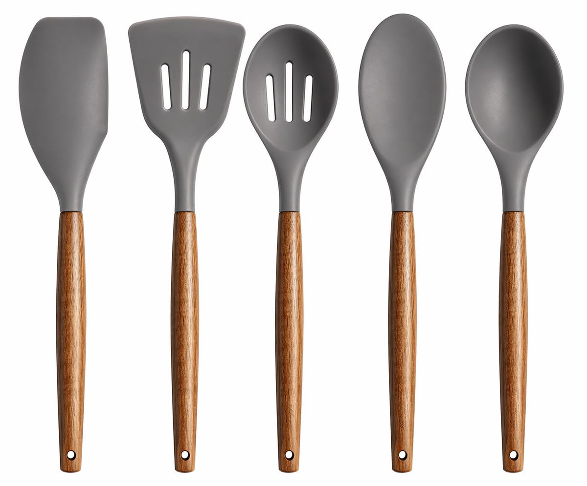 PANCA Non-Stick Silicone Spatula &amp; Spoon Set (5 Pcs) | Heat Resistant Cooking Utensil Set with Wooden Handle | BPA Free Kitchen Tools for Non-Stick Cookware, Mixing, Serving &amp; Cooking (Grey)