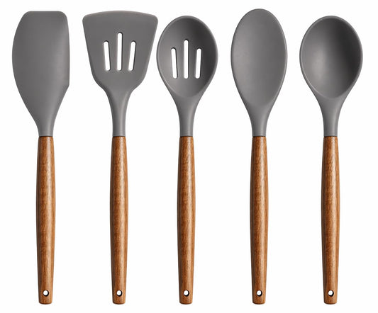 PANCA Non-Stick Silicone Spatula &amp; Spoon Set (5 Pcs) | Heat Resistant Cooking Utensil Set with Wooden Handle | BPA Free Kitchen Tools for Non-Stick Cookware, Mixing, Serving &amp; Cooking (Grey)