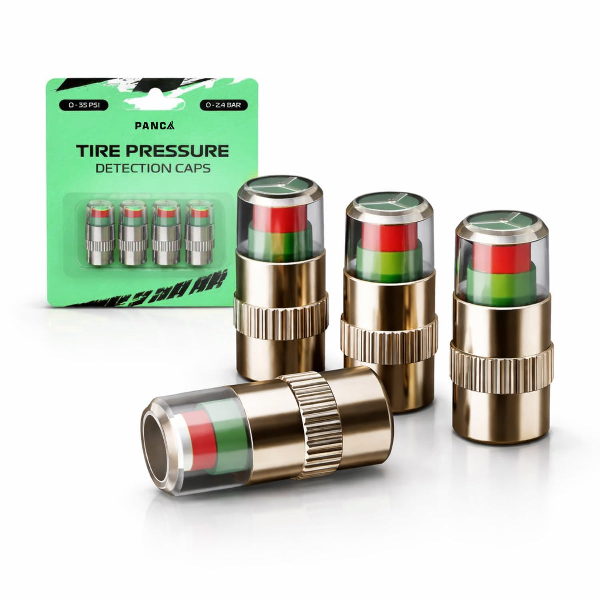 PANCA Car Tyre Pressure Indicator Valve Caps for Bikes &amp; Cars | Visual Air Pressure Alert (Green/Yellow/Red) | Leak-Proof TPMS Valve Cap Sensor Universal Fit Pack of 4