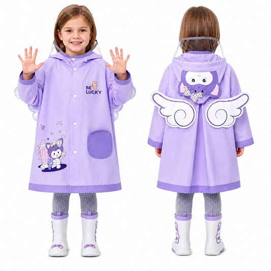 PANCA Cartoon Bunny Soft Luxurious Waterproof Hooded EVA Raincoat Rain Jacket with Backpack Space, Wide Brim Transparent Hood &amp; Complimentary Storage Pouch for Boys &amp; Girls, Purple