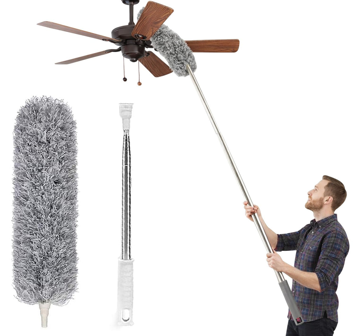 PANCA Ceiling Fan Duster with Extendable Pole | Bendable Washable Microfiber Dusting Brush for Home | High Reach Cleaner for Ceiling Fans, Walls, Windows, Furniture &amp; Cobweb Cleaning