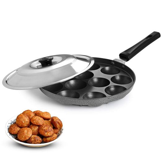 PANCA Non-Stick 12 Cavity Appam Patra with Stainless Steel Lid &amp; Handle | Appe Pan/Paniyaram Maker | Paddu Tawa for Appam, Ponganalu, Unniyappam | Induction &amp; Gas Compatible Fry Pan
