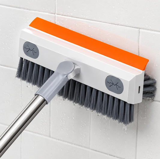 PANCA 3 in 1 Bathroom Cleaning Brush with Wiper &amp; Long Handle | 180° Rotating Floor Scrub Brush for Tile, Grout, Shower Glass, Wall, Toilet &amp; Kitchen Floor Cleaning | Extendable Heavy Duty Scrubber