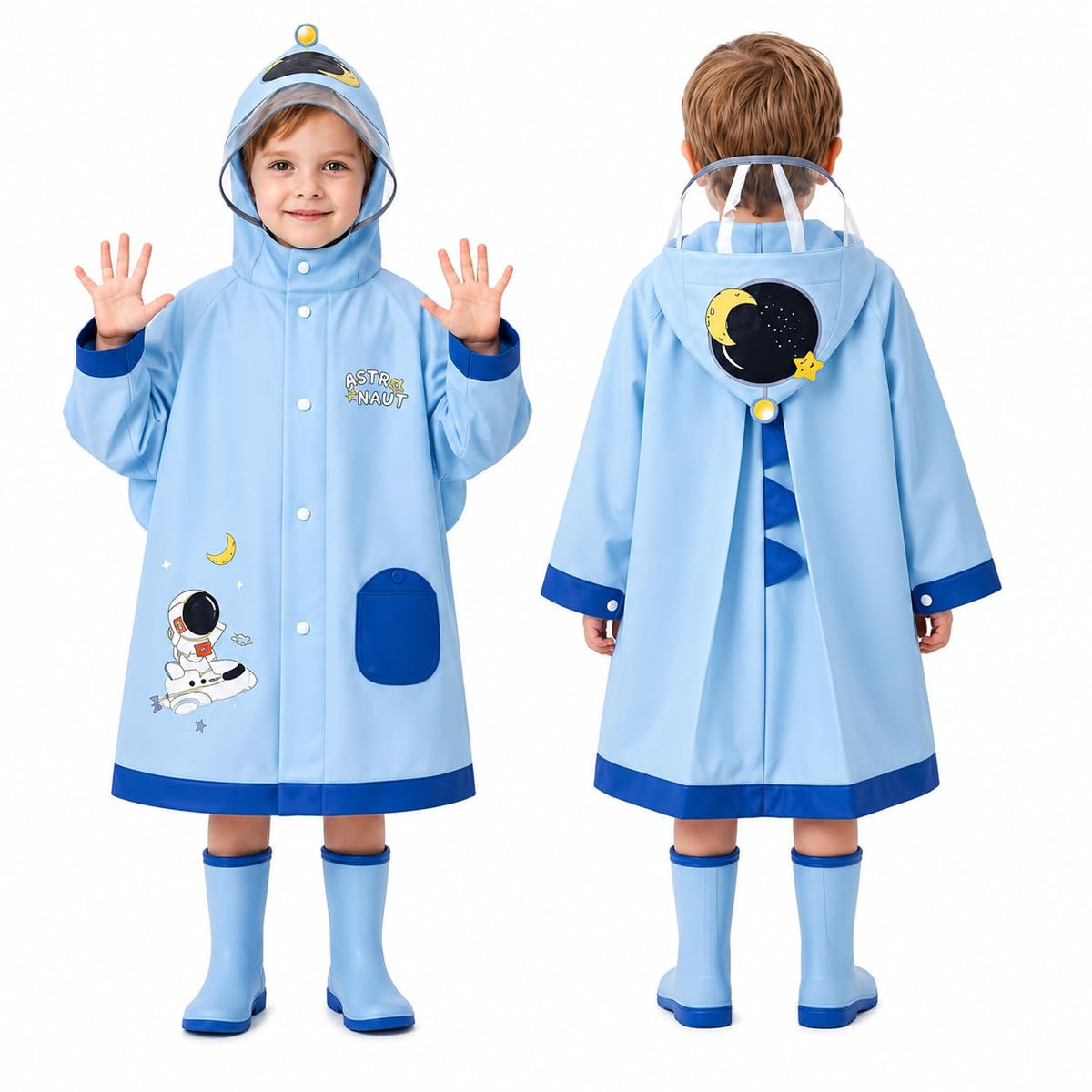PANCA Kids Astronaut Raincoat with Hood &amp; Wide Brim – Waterproof EVA Raincoat for Boys &amp; Girls | Lightweight Poncho Style Rain Wear with School Bag Cover, Windproof Rain Jacket, Blue Astronaut Print