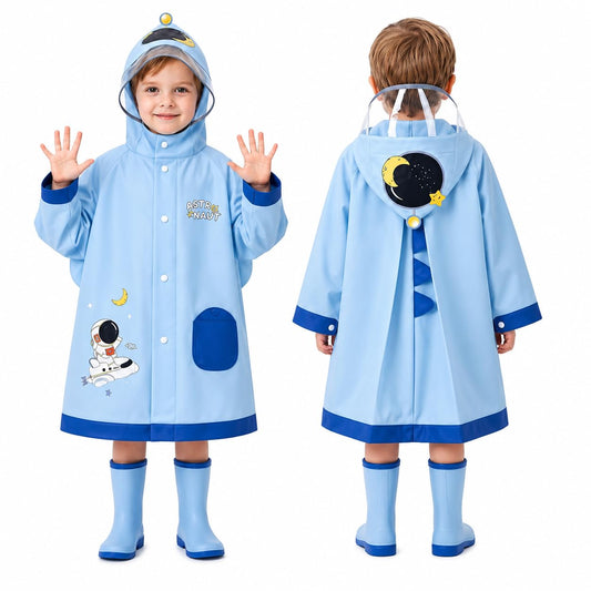 PANCA Kids Astronaut Raincoat with Hood &amp; Wide Brim – Waterproof EVA Raincoat for Boys &amp; Girls | Lightweight Poncho Style Rain Wear with School Bag Cover, Windproof Rain Jacket, Blue Astronaut Print