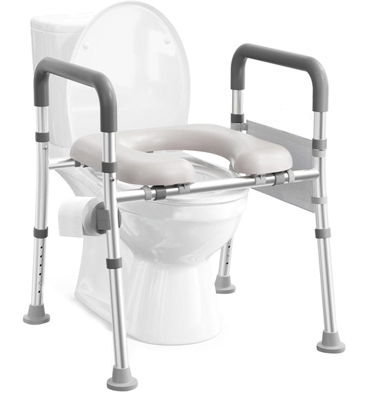 PANCA Adjustable Toilet Seat Riser for Seniors | Height &amp; Width Adjustable Aluminium Alloy Support Frame with Anti-Slip Handrails | Raised Toilet Seat for Elderly, Patients &amp; Mobility (Grey)
