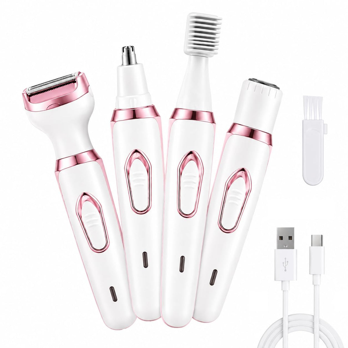 PANCA 4-in-1 Rechargeable Women Trimmer | Electric Facial Hair Remover for Face, Eyebrow, Underarms, Legs &amp; Bikini | Cordless Hair Removal Razor with 4 Attachments | USB Charging | White &amp; Pink