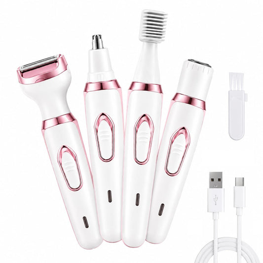 PANCA 4-in-1 Rechargeable Women Trimmer | Electric Facial Hair Remover for Face, Eyebrow, Underarms, Legs &amp; Bikini | Cordless Hair Removal Razor with 4 Attachments | USB Charging | White &amp; Pink