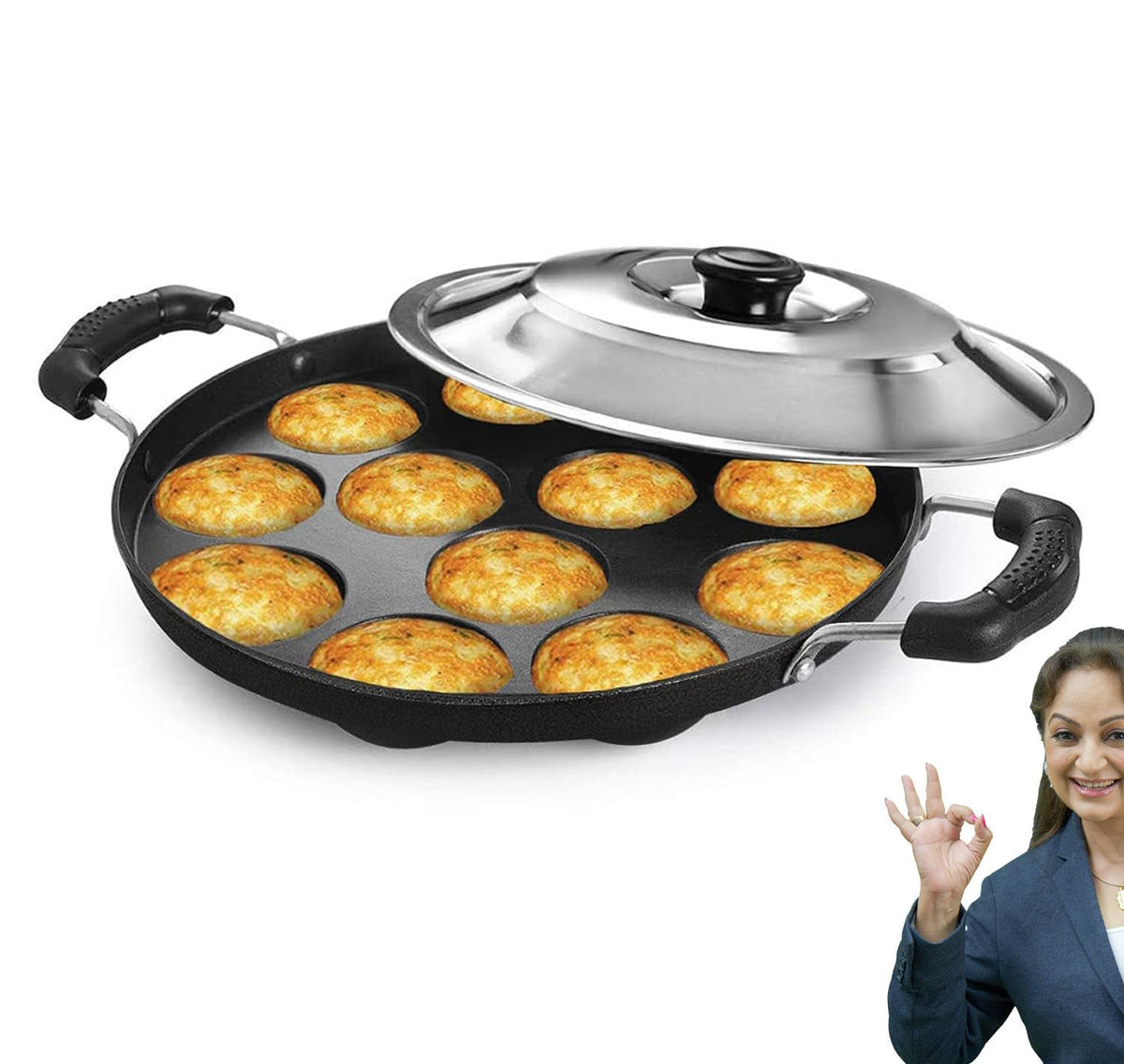 PANCA Appam Patra Non Stick 12 Cavity Pan | Appe, Paniyaram &amp; Paddu Maker with Lid | Kitchen Accessories | Aluminium Nonstick Pan with Side Handle | Gas Stove Cooking (Black)