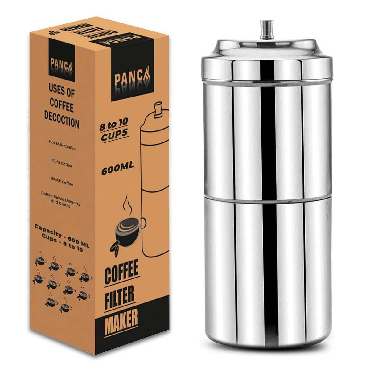 PANCA South Indian Filter Coffee Maker | Traditional Drip Coffee Decoction Maker for Hot &amp; Cold Coffee (600ML Steel)