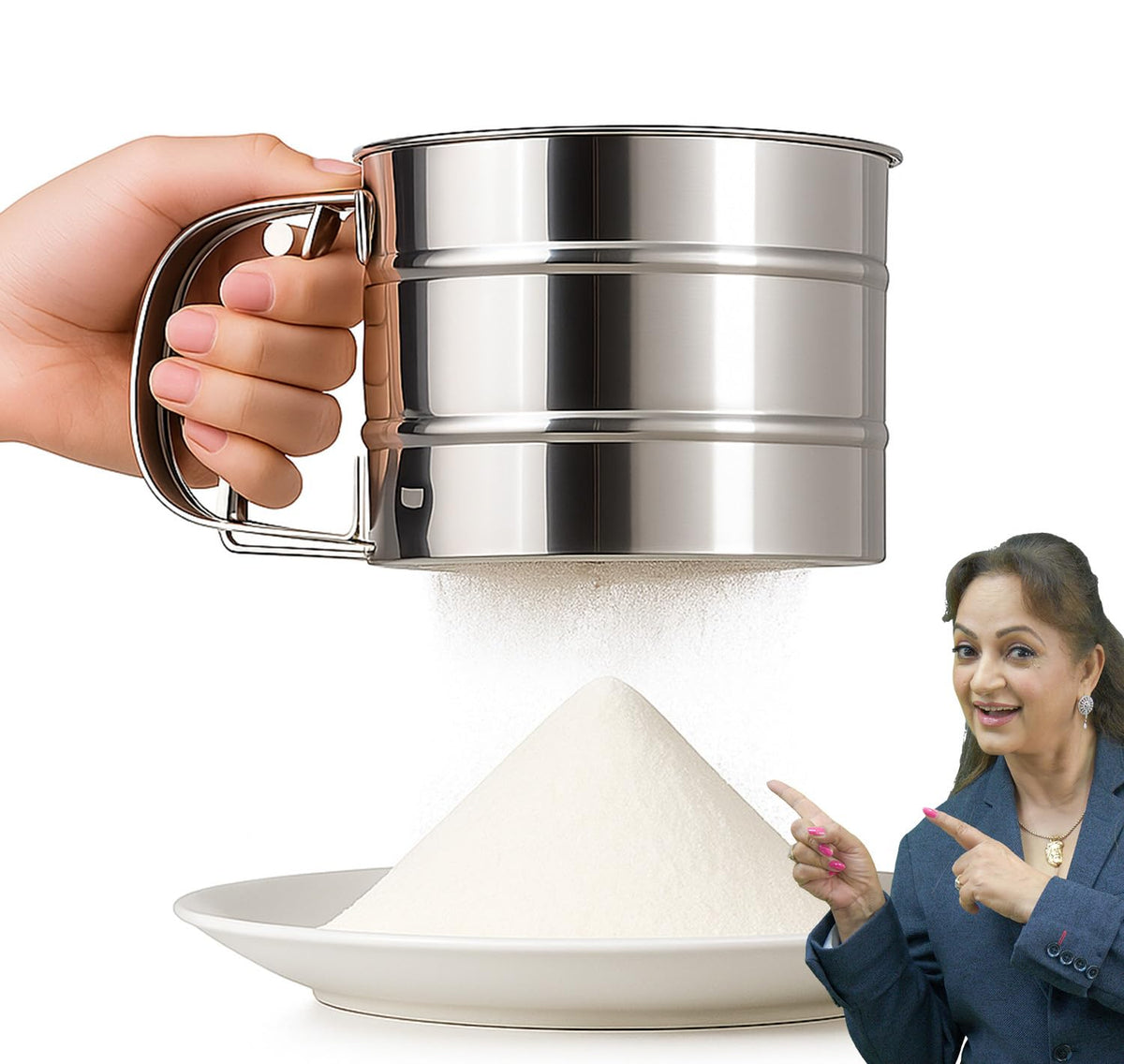 PANCA Stainless Steel Flour Sifter | Hand Press Atta Chhani with Handle | Large Capacity Corrosion-Resistant Flour Sieve Cup for Baking, Sugar, Wheat, Maida &amp; Powdered Ingredients (1 Pc, Silver)