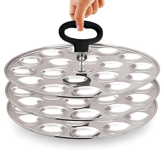 PANCA Stainless Steel Mini Idli Maker Stand Set of 3 Plates | 54 Idli Cavities Steamer Cooker | Small Idli Plates for Cooker, Dhokla, Idiyappam | Polished Idli Stand with Rod &amp; Handle | South Indian