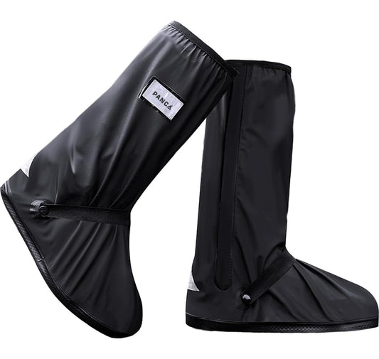 PANCA Waterproof Rain Shoe Cover for Men &amp; Women | Reusable PVC Overshoes with Non-Slip TPE Sole | Elastic Fit Anti-Skid Shoe Protector for Bike Riding, Travel &amp; Monsoon (Black)