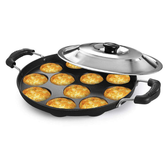 PANCA Non Stick 12 Cavity Appam Patra with Side Handle &amp; Stainless Steel Lid | Aluminium Appam Maker Pan for Appe, Paniyaram, Paddu &amp; Uttapam | Black