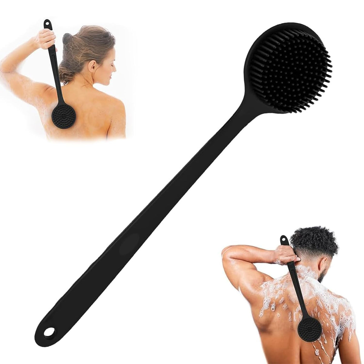 PANCA Soft Silicone Back Scrubber with Long Handle for Shower &amp; Bath | Body Brush for Dirt Removal &amp; Exfoliation | BPA-Free, Gentle for Men &amp; Women | Deep Cleaning Bath Brush (Black)