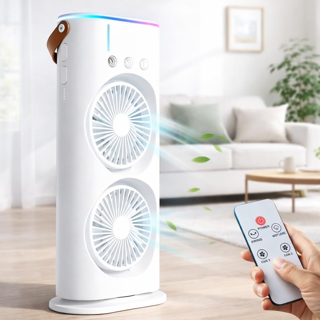 PANCA Portable Double Ended Spray Fan with Misting | USB Rechargeable Mini Air Cooler with LED Light | Touch &amp; Remote Control | 3 Speed Cooling Fan with 280ml Water Tank