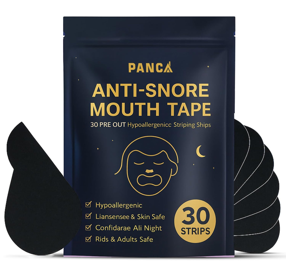 PANCA 30-Piece Hypoallergenic Sleep Mouth Strips - Anti-Snoring Mouth Tape Strips for Kids &amp; Adults | Gentle Adhesive to Encourage Nose Breathing, Reduce Snoring (Pack of 30 Pre-Cut Strips)